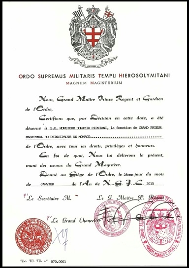 Diploma Domizio Cipriani Gran Priore Magistrale